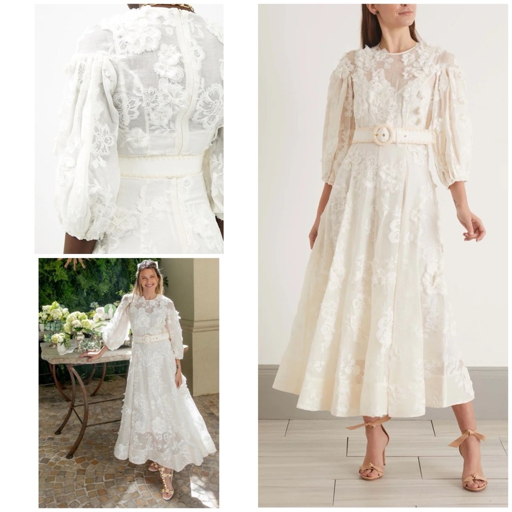 Zimmermann Postcard Floral-Appliqué Linen Silk Belted Floral Embroidered Dress​